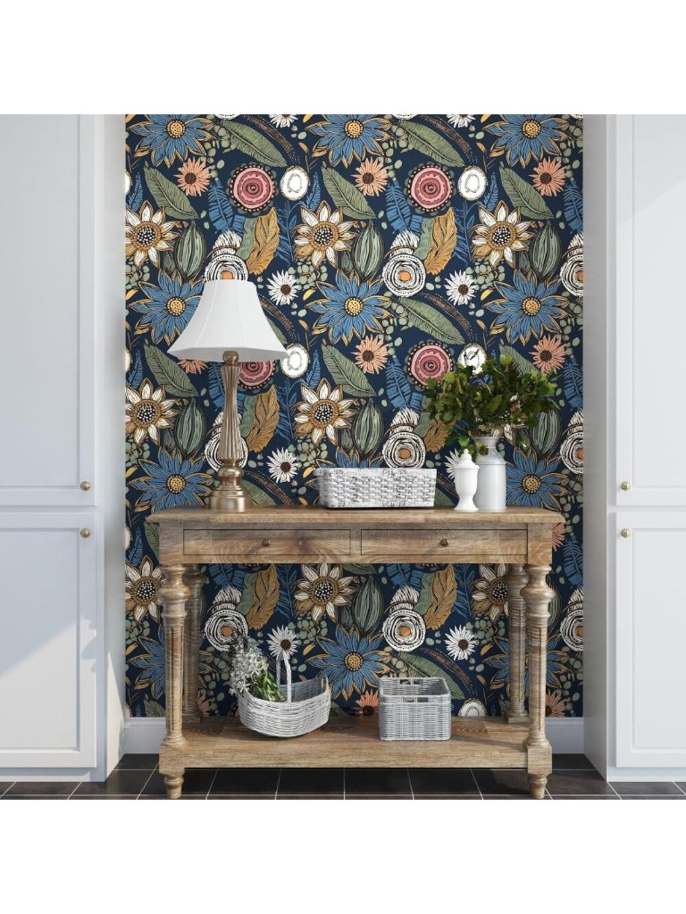 Blue Boho Peel and Stick Wallpaper - Vintage Floral Self-Adhesive Decor 17.5” x - Picture 5 of 6